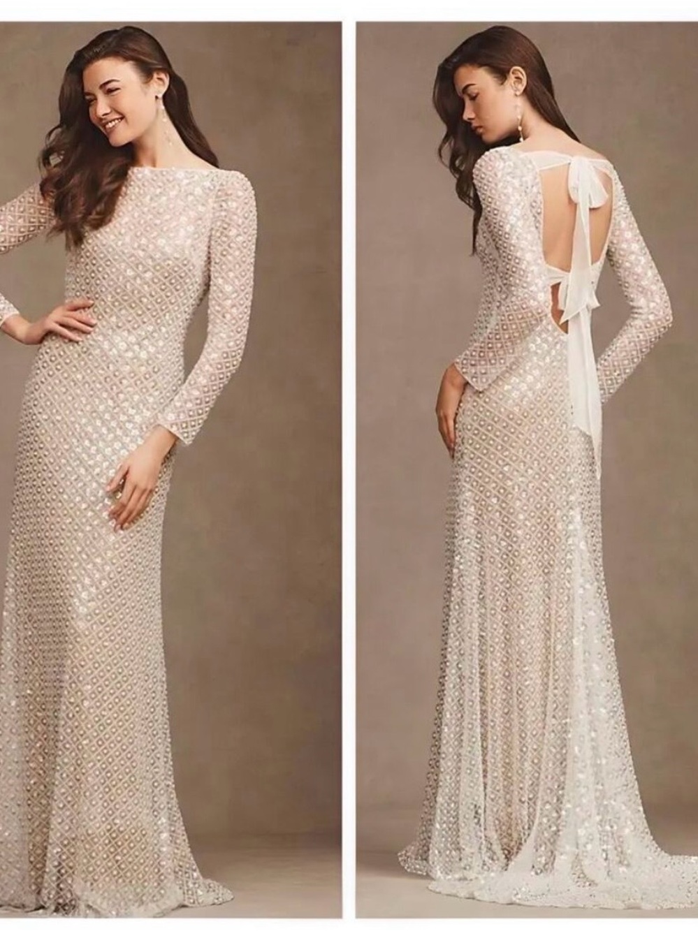 Anthropologie Ivory Sequin Long-Sleeve Open-Back Gown